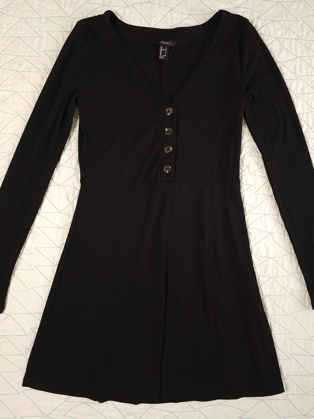 Forever 21 Black Ribbed Button V-Neck Long Sleeve Mini Dress